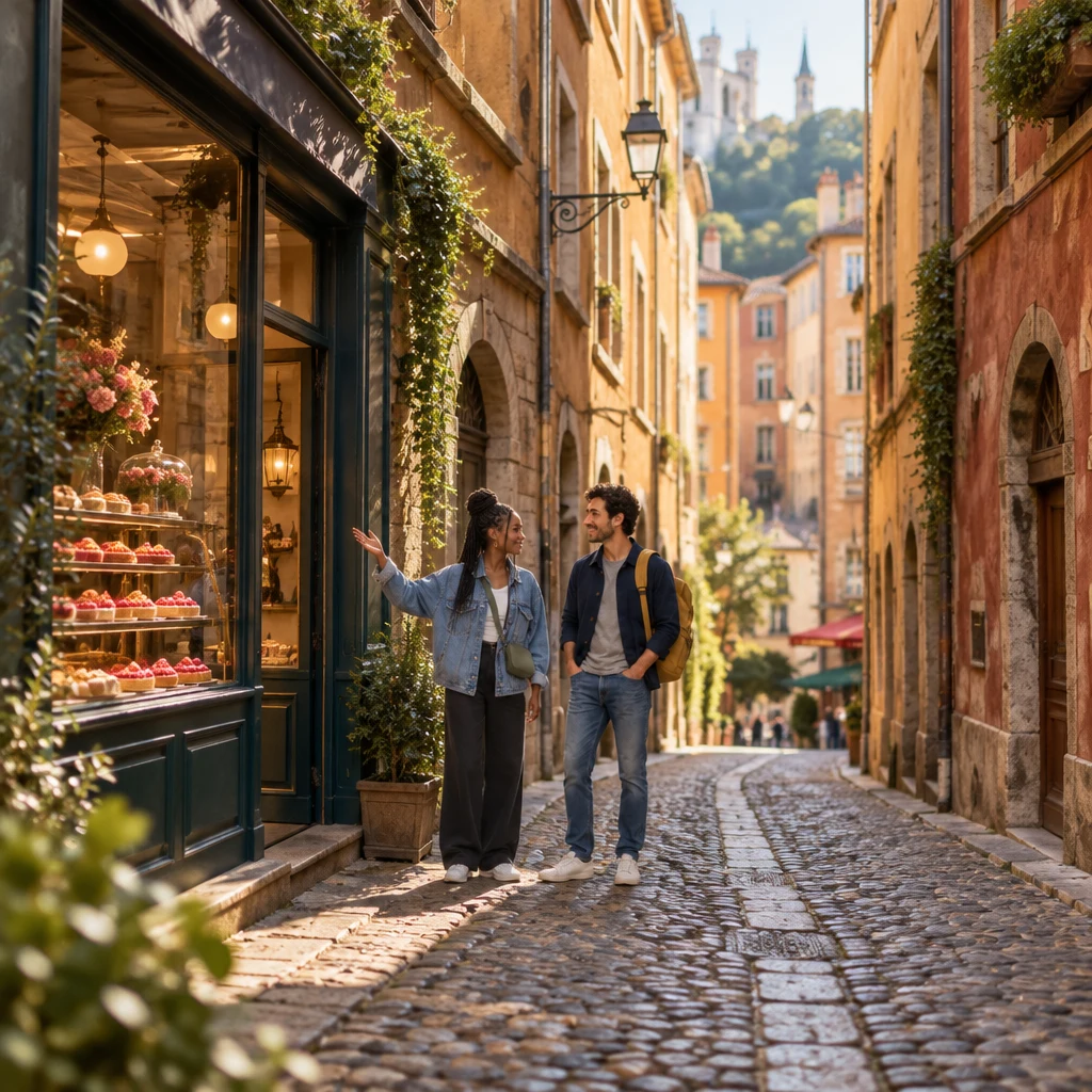 Inès has stopped Sam on a cobbled Vieux Lyon street beside a small pastry shop whose glass case is full of bright pink tarts.