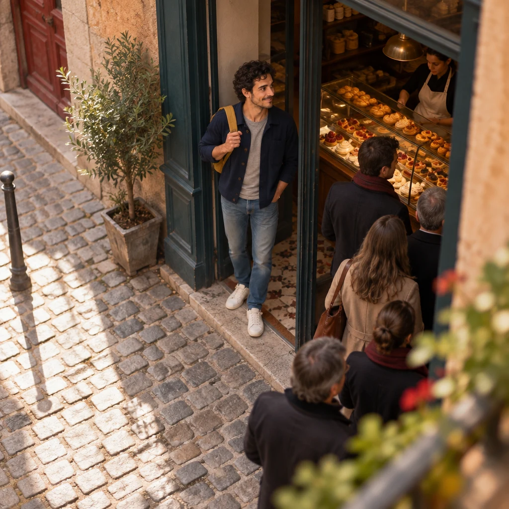 Sam looks from the pastry-shop doorway toward the short line of people waiting.