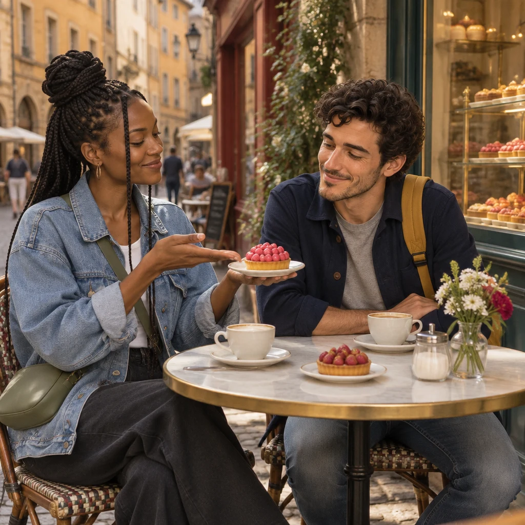 Inès holds out a pink-praline tart and gestures toward it while Sam looks on.