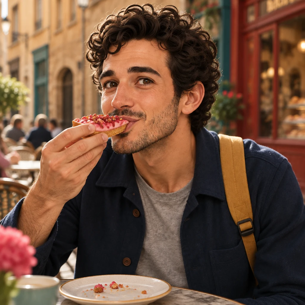 Sam takes a bite of the bright pink tart.