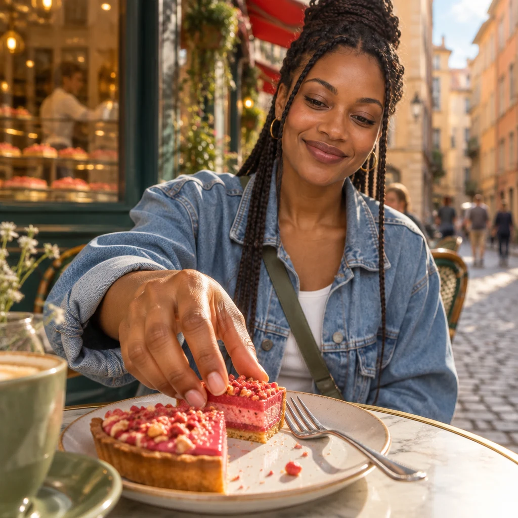 Inès reaches toward another piece of pink tart on a small plate at an outdoor table.