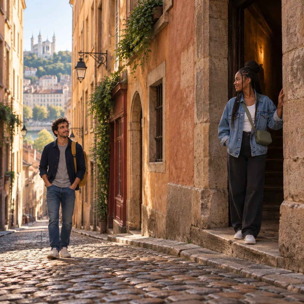 Wide establishing view of a steep cobbled Vieux Lyon street of tall ochre buildings, with Inès at a dark traboule doorway and Sam small on the slope beside her.