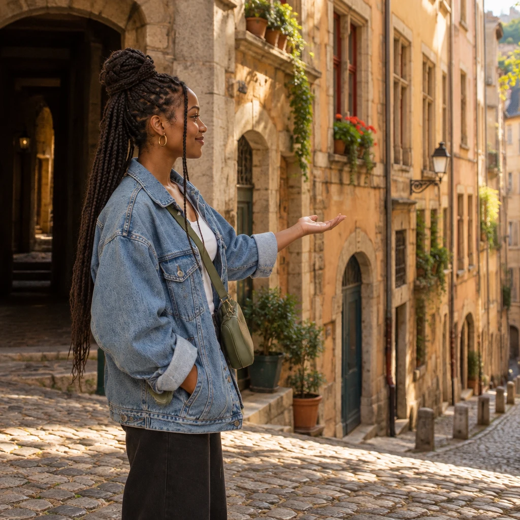 Profile of Inès on the cobbles, one palm open toward the old ochre facades of the neighbourhood.