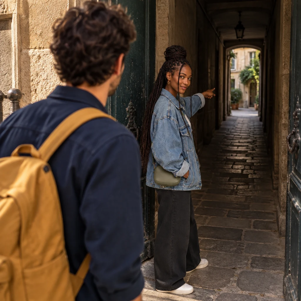 Over Sam's shoulder, Inès stands in the traboule doorway and points down the dim passage that once linked the streets.