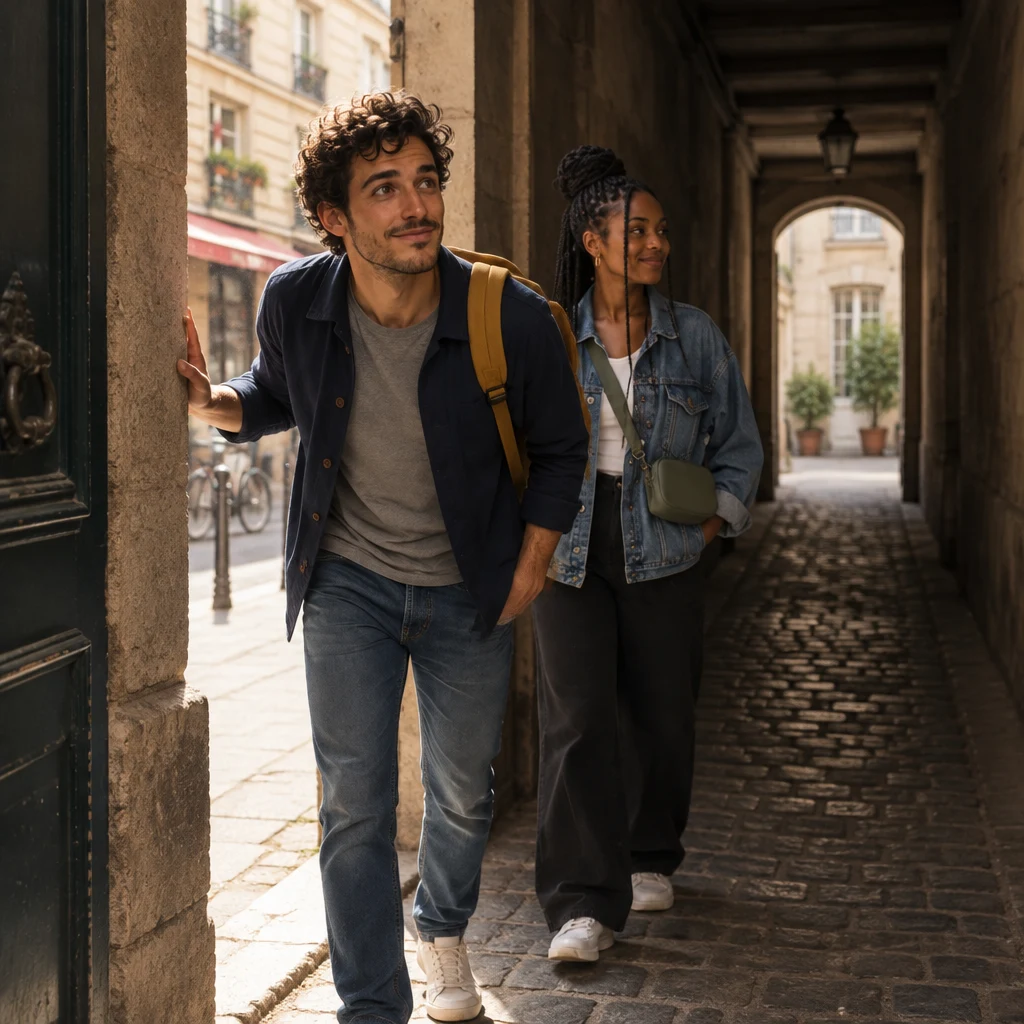Sam steps through the traboule doorway, one hand on the stone frame, peering through toward the courtyard, with Inès about to follow.