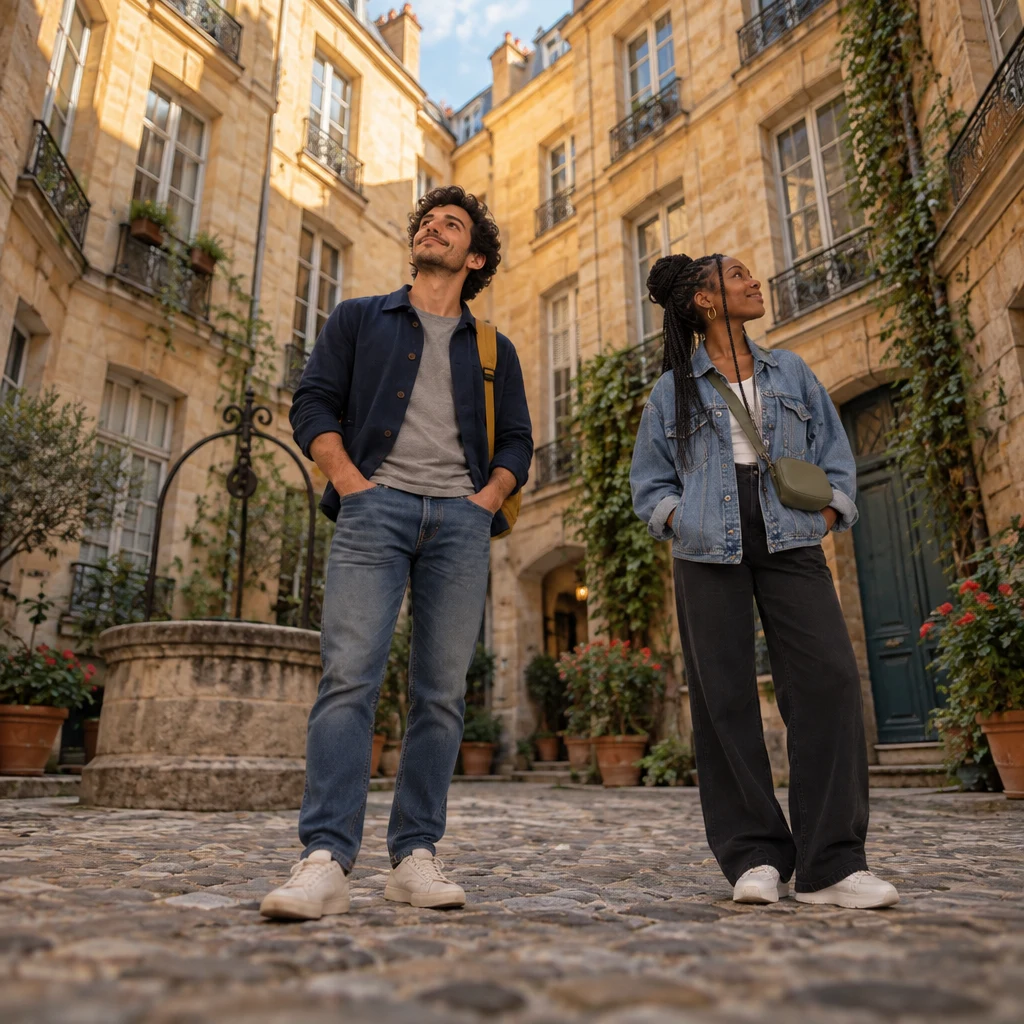 Low-angle view of Sam in the courtyard, head tipped back toward the tall ochre buildings, with Inès standing aside.