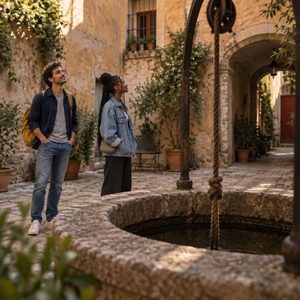 A stone well and high ochre courtyard walls in the foreground, with Sam and Inès soft in the background as Sam turns to take in a place unlike Paris.