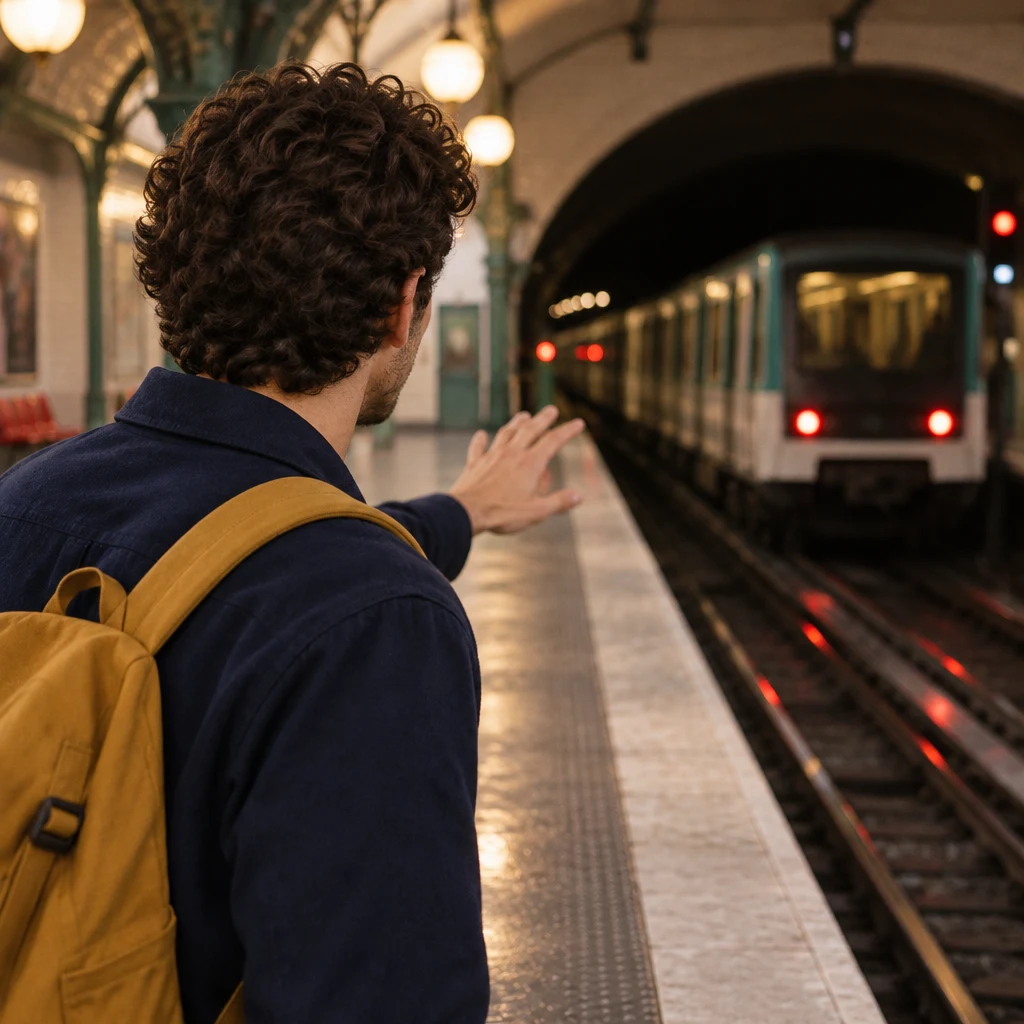 From behind Sam on a metro platform, a train pulls away into the tunnel, already missed.