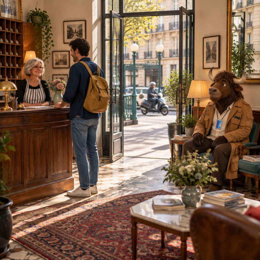 A small hotel lobby near a metro entrance in morning light, with Sam at the desk, Odile looking up, and Gaspard sitting across two chairs.