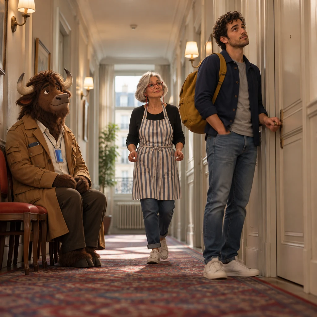 Sam locked out at a blank corridor door as Odile approaches and Gaspard sits across two chairs.