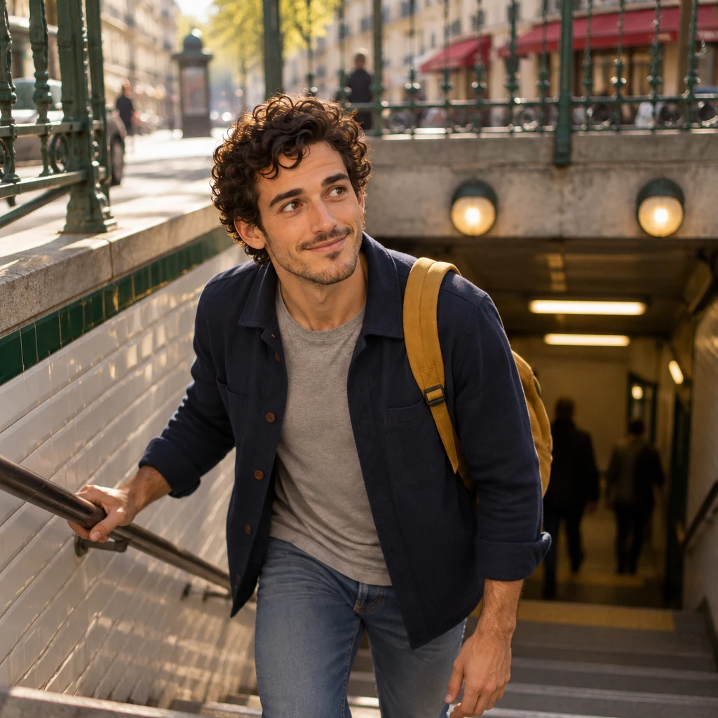 Sam steps down into the metro entrance on a clear morning.