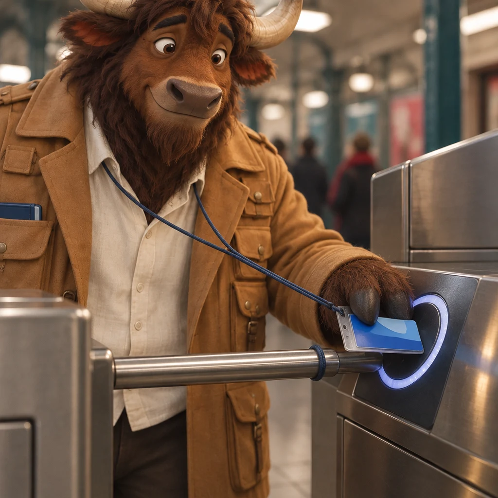 Gaspard's Navigo on a cord is caught on the turnstile while the gate stays shut.