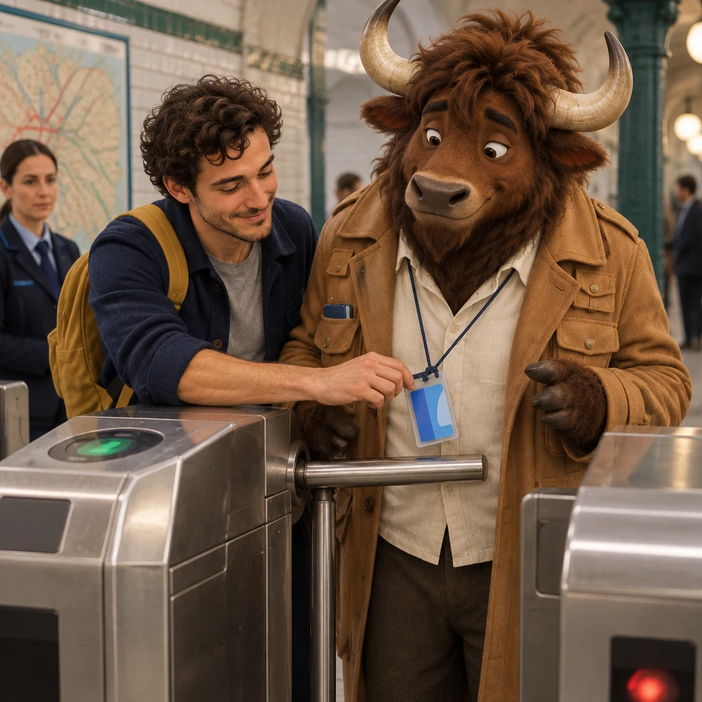 Sam taps a Navigo at the ticket gate and lifts Gaspard's caught cord free while a staff member watches.