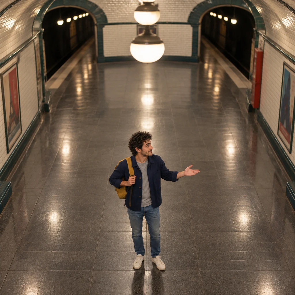 From high above, Sam stands in a tiled metro corridor with one arm out, looking between two tunnel mouths.