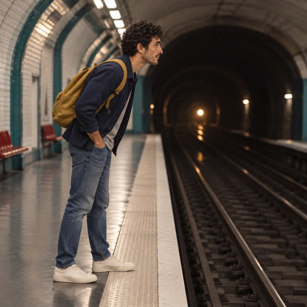 In profile, Sam leans forward on an empty metro platform and peers down the tracks.