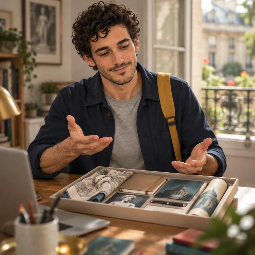 Sam holds both hands open above the blank museum-guide kit as if weighing two choices.