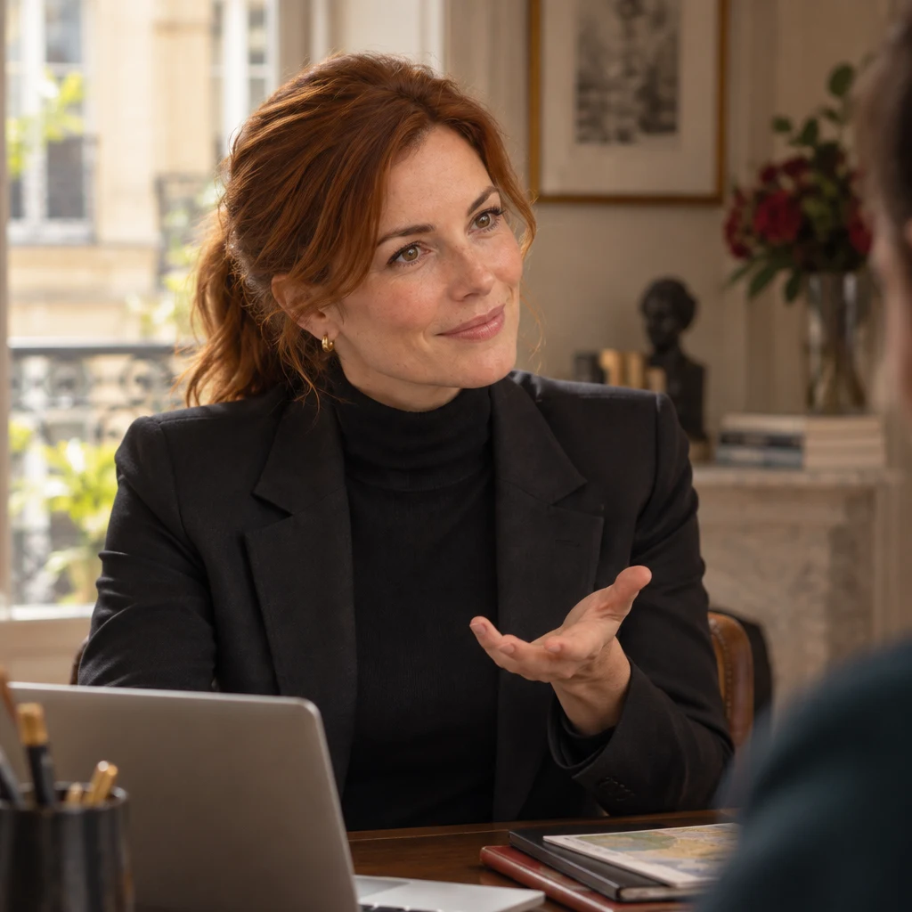 Claire leans across the desk, head tilted, with one hand lifted in a questioning beat.