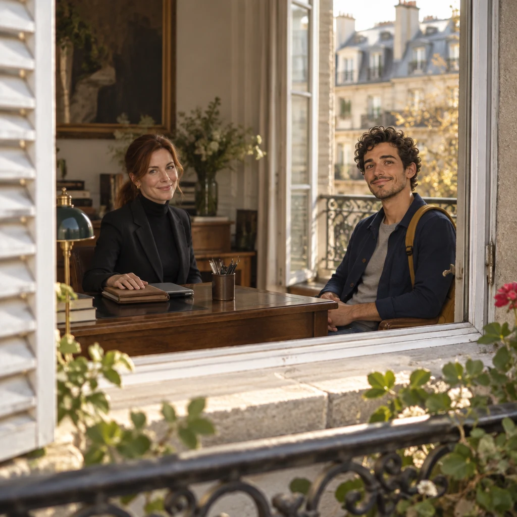 The open courtyard window fills the foreground while Claire sits back with a hand on the kit and Sam stays soft across the desk.