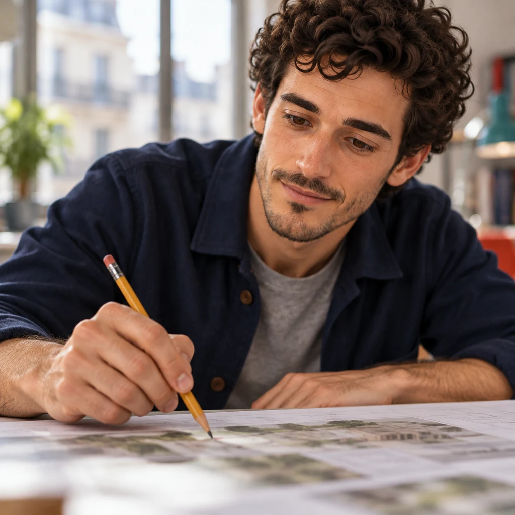 Sam leans in and taps a pencil on a blurred printout, pushing back on the plan.