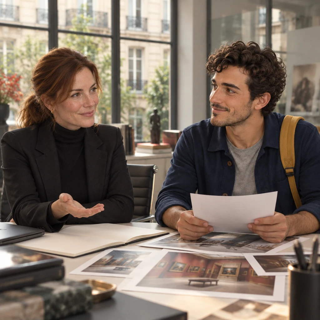 Claire gives a small open-handed concession over the blank brief while Sam listens across the desk.