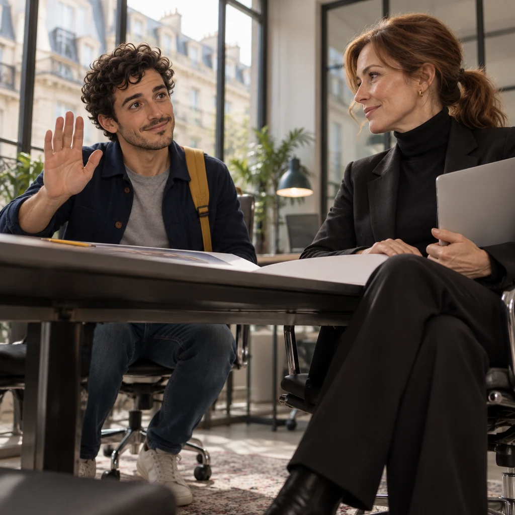 Sam raises a palm in disagreement, the pencil left on the desk beside the printout.