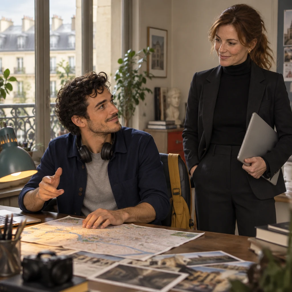 Sam turns in the chair with headphones around the neck and lifts a hand from the map while Claire stands at the edge with a laptop.