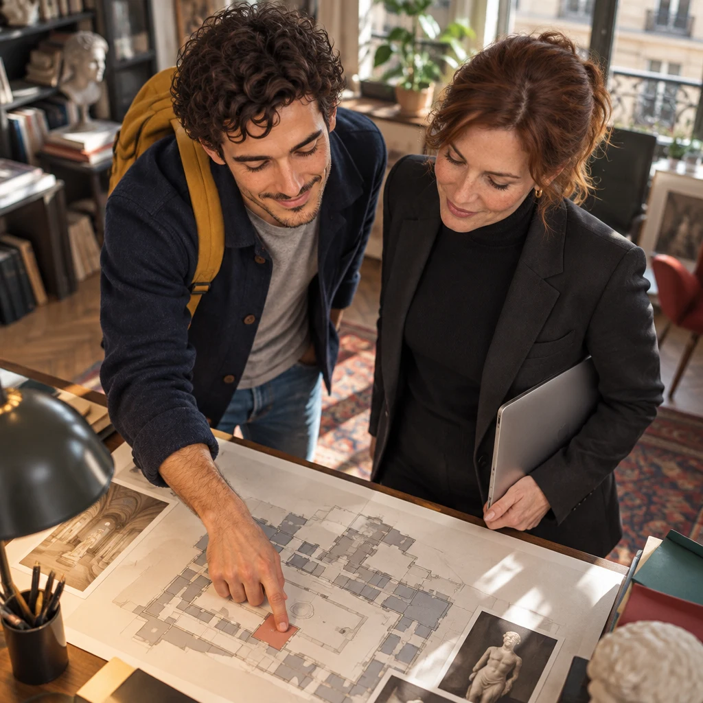 From above, Sam points at a gallery shape on the museum map while Claire looks on with the laptop under one arm.