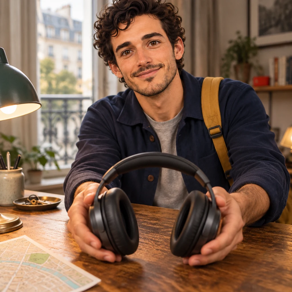 Sam holds the headphones out with both hands above the desk.