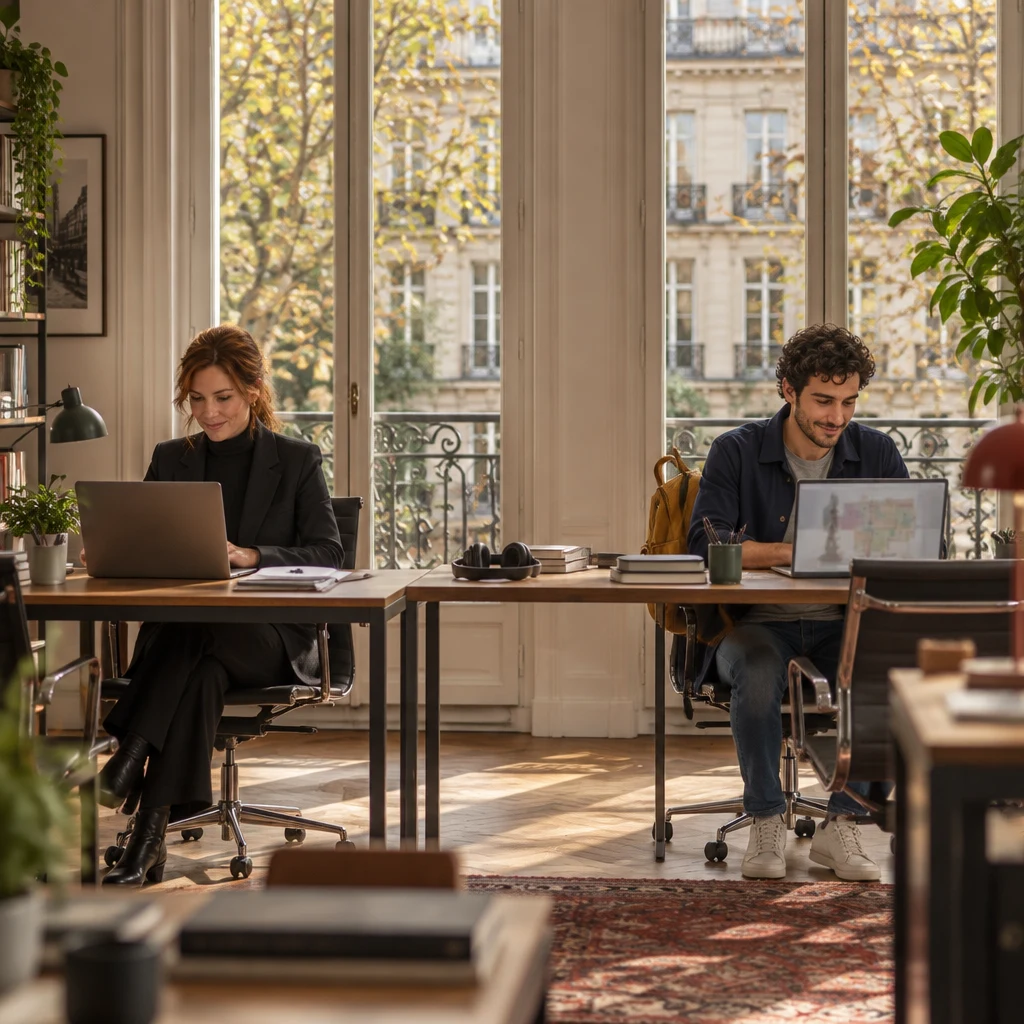 Claire and Sam work at two desks in an office with tall windows onto a leafy courtyard, her laptop and short list beside his museum map, headphones on the desk.