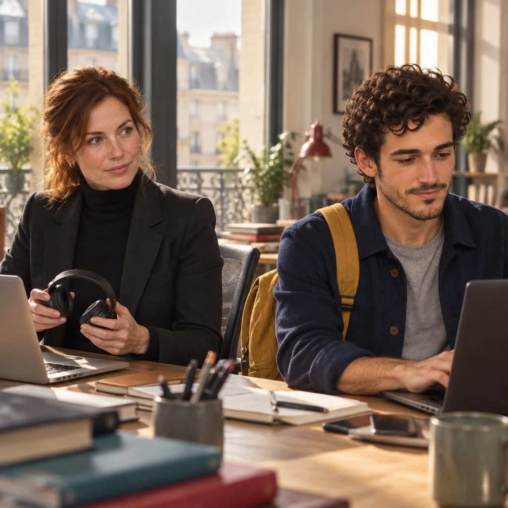 Claire holds the headphones and looks to Sam while he stays at his desk.