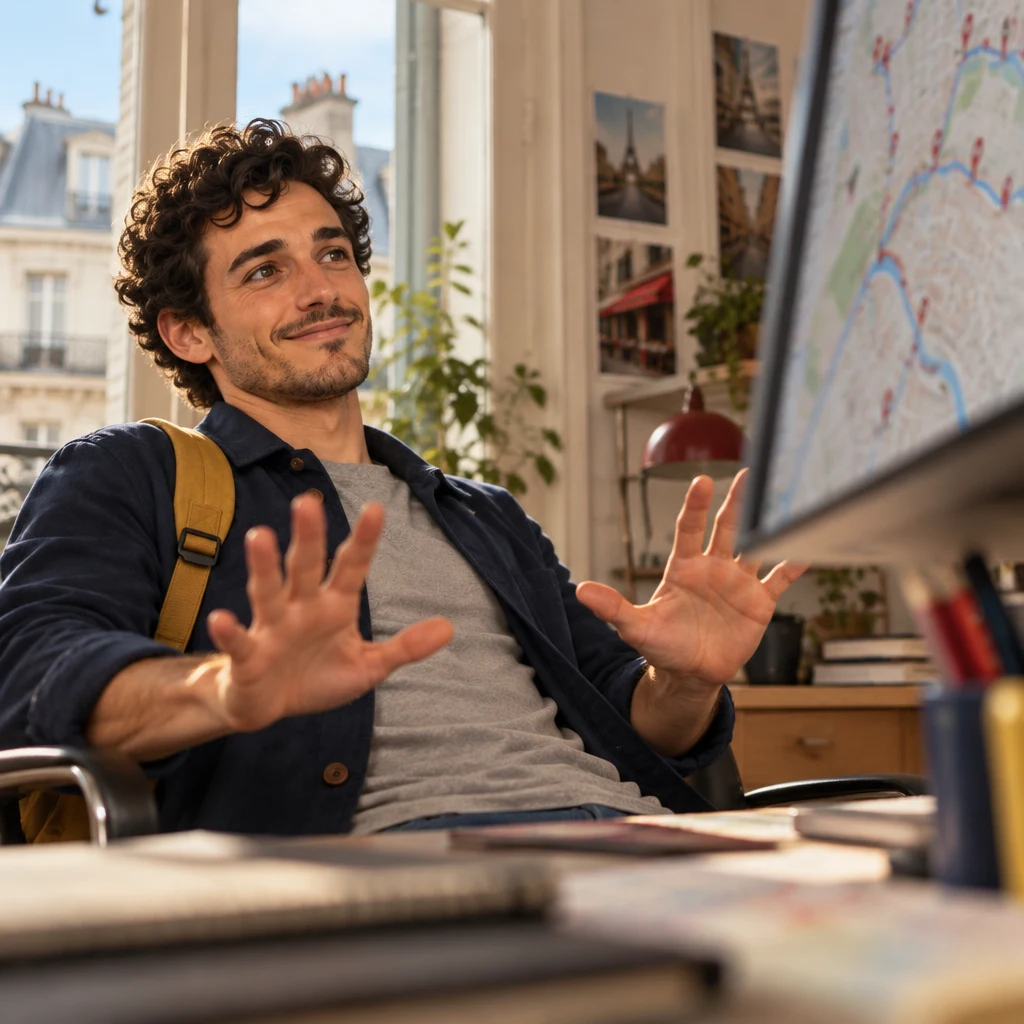 Sam leans back from the sprawling blurred map and spreads both hands over the screen to show it is too much.