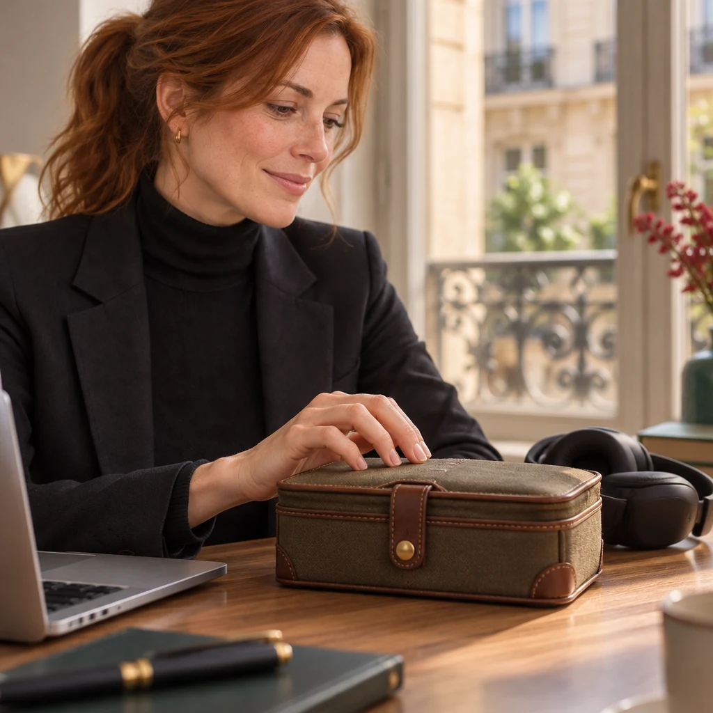 Close-up of Claire’s hand tapping the museum-guide kit on the desk, with headphones beside it as she puts the idea another way.