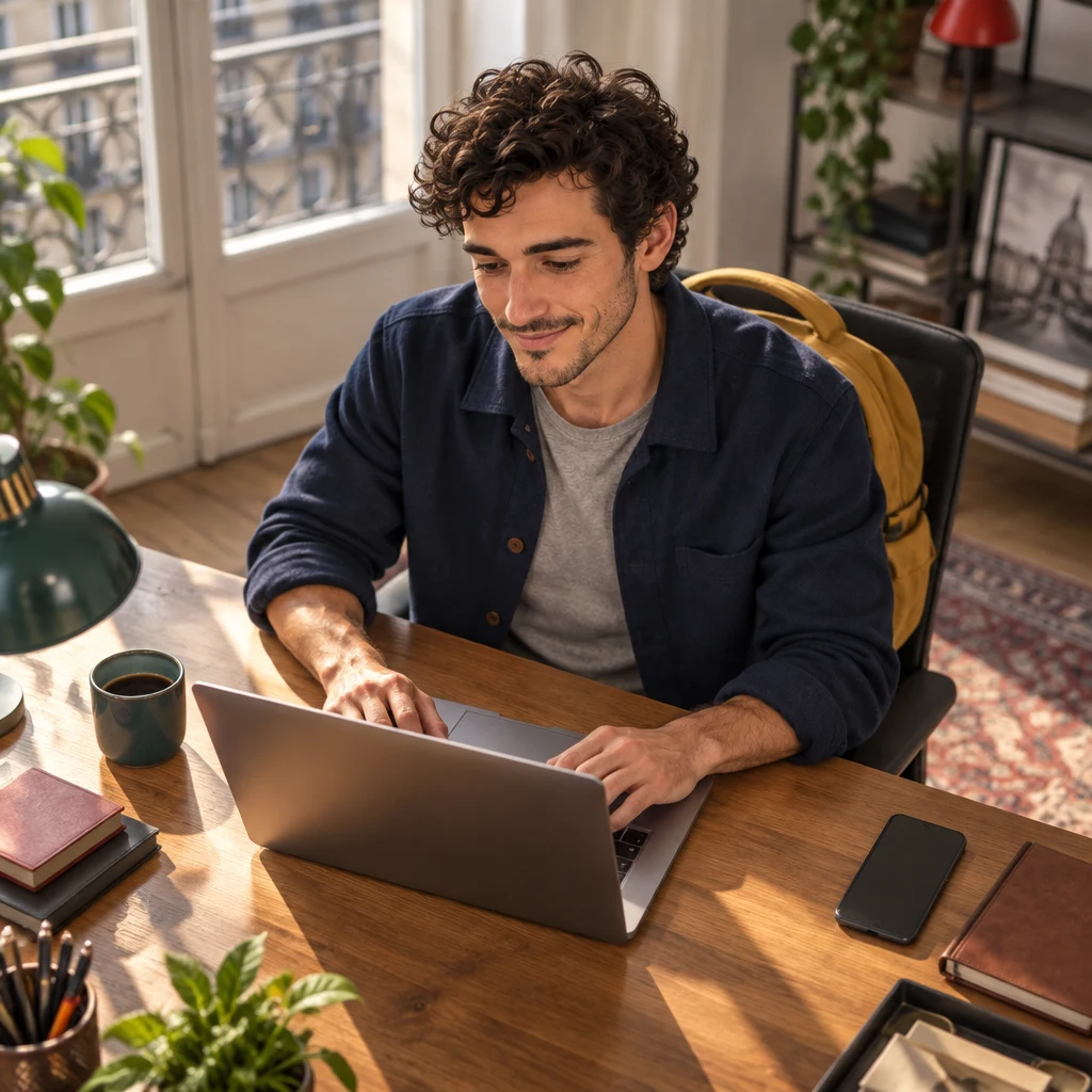 Medium side shot of Sam sitting down at a desk and opening a blank laptop as if starting work.