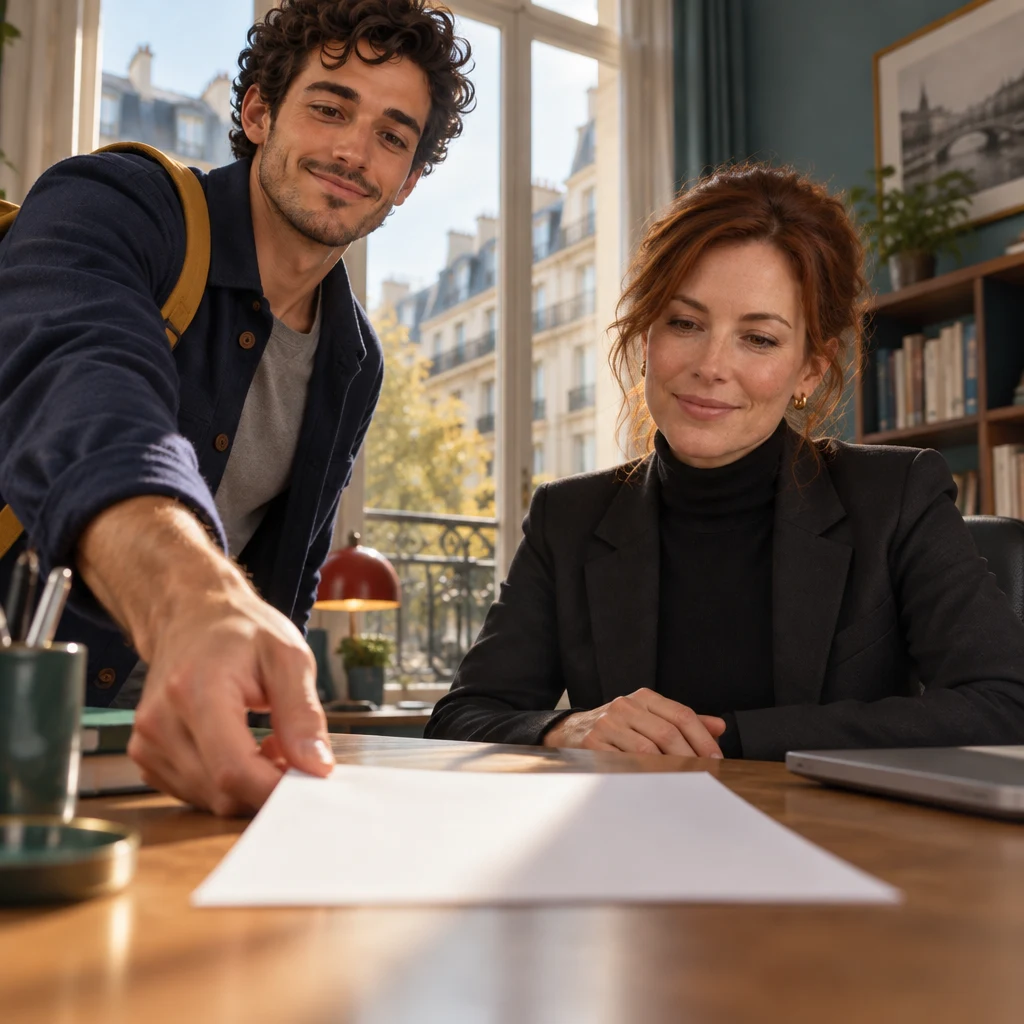 Three-quarter side close-up of Sam setting a blank sheet on the desk toward Claire.