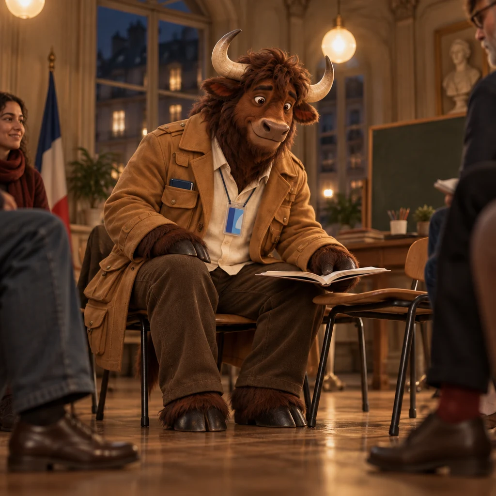 Slightly low wide shot of Gaspard filling two chairs in the circle with an unmarked booklet open on his coat.