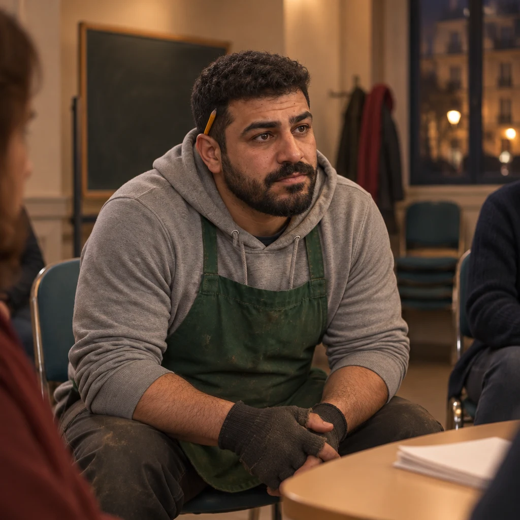 Close-up of Karim leaning forward in his chair toward the teacher's stack of blank papers, tense about a coming test.