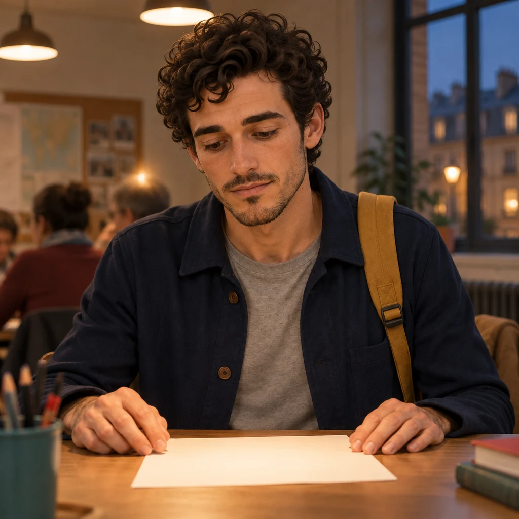 Close-up of Sam looking down at the blank sheet, uncertain, fingers resting on the page as if he has never tried this.