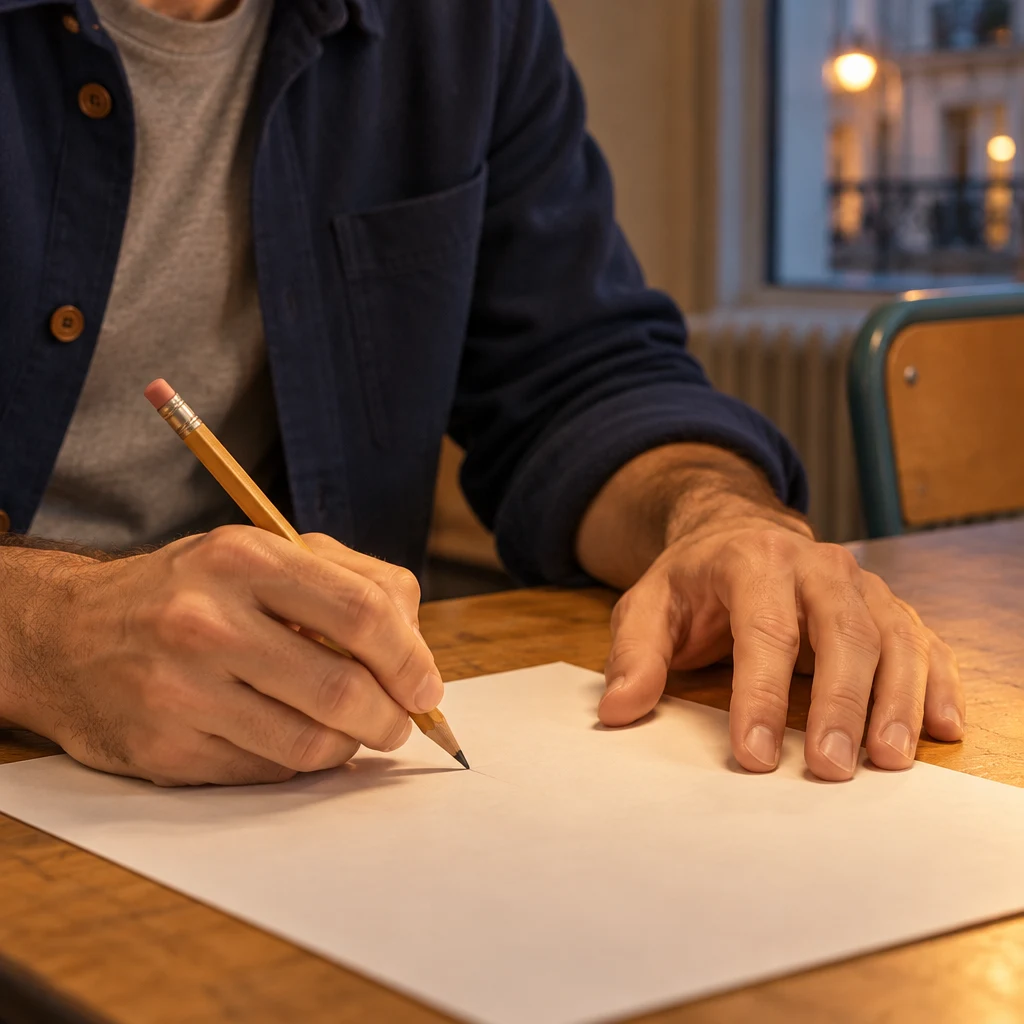 Close-up of Sam's hands and a pencil going over the blank sheet again for practice.