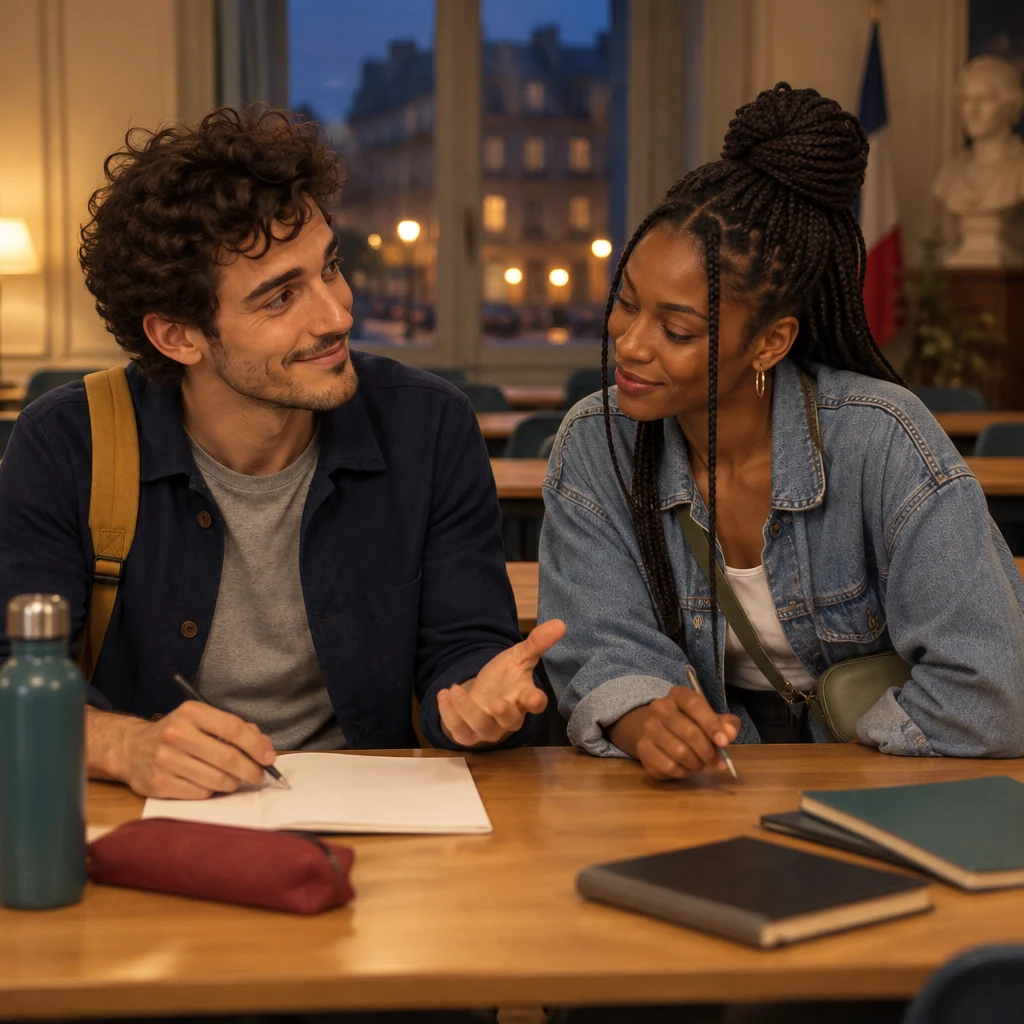 Medium two-shot of Sam turned toward Inès at the shared desk, one hand on the blank page and the other toward her, asking for her help.