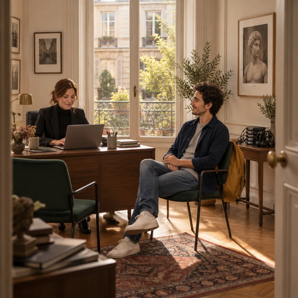 A small Paris office in afternoon light, with Claire at an open laptop, Sam seated across the desk, and museum-guide kits waiting on a side table.