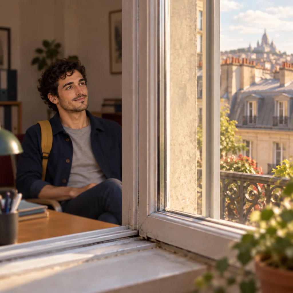 The courtyard window and rooftops fill the foreground, with Sam sitting back from the desk, soft in the background.