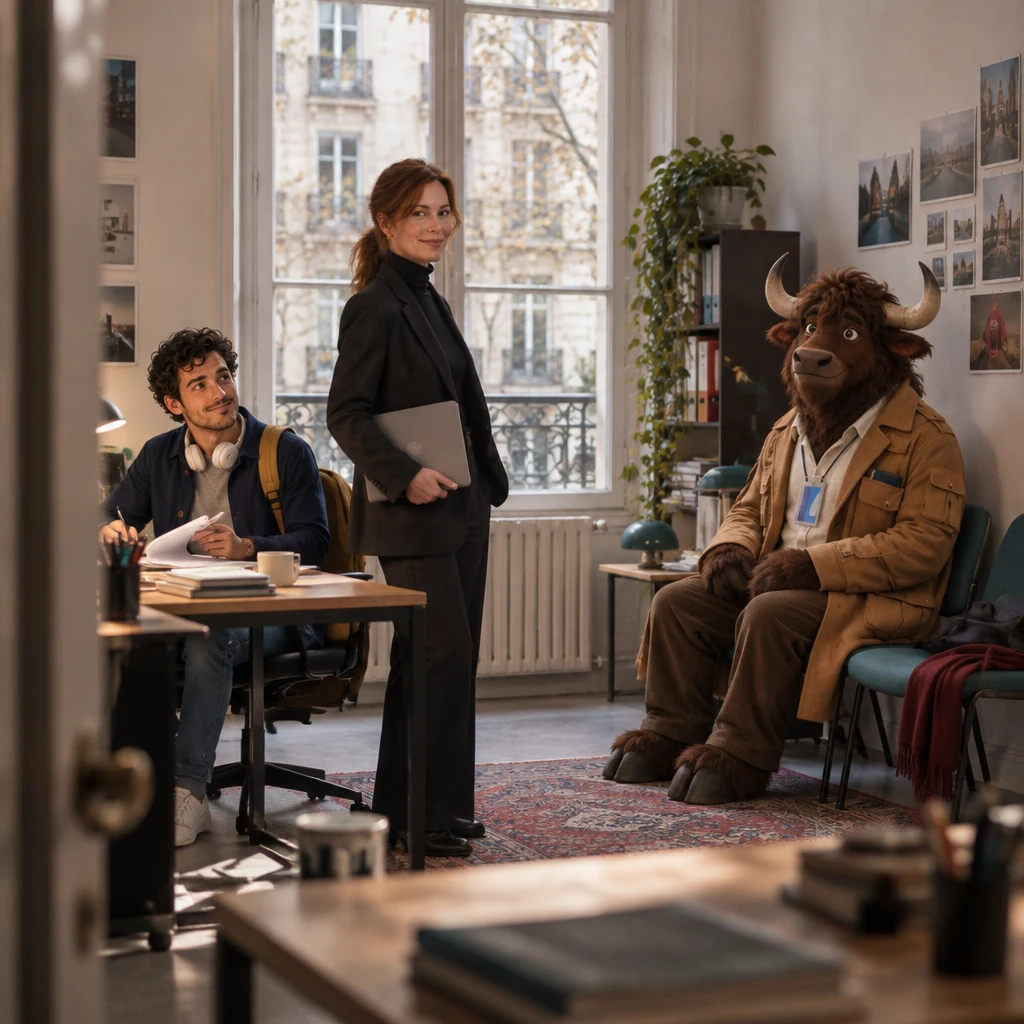 Claire stands in the small office with a laptop under one arm while Sam sits at a desk with headphones around the neck and Gaspard sits across two chairs.