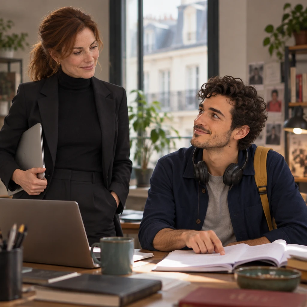 Claire stands beside Sam's desk after setting the laptop down while Sam looks up from the open script with one finger on the page.
