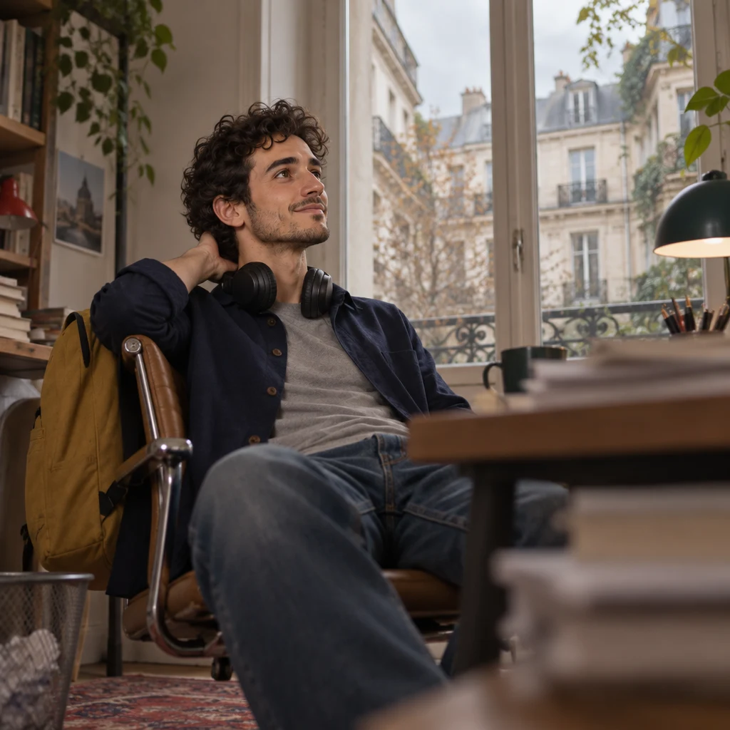 Sam leans back in the chair with headphones around the neck and looks toward the courtyard window.