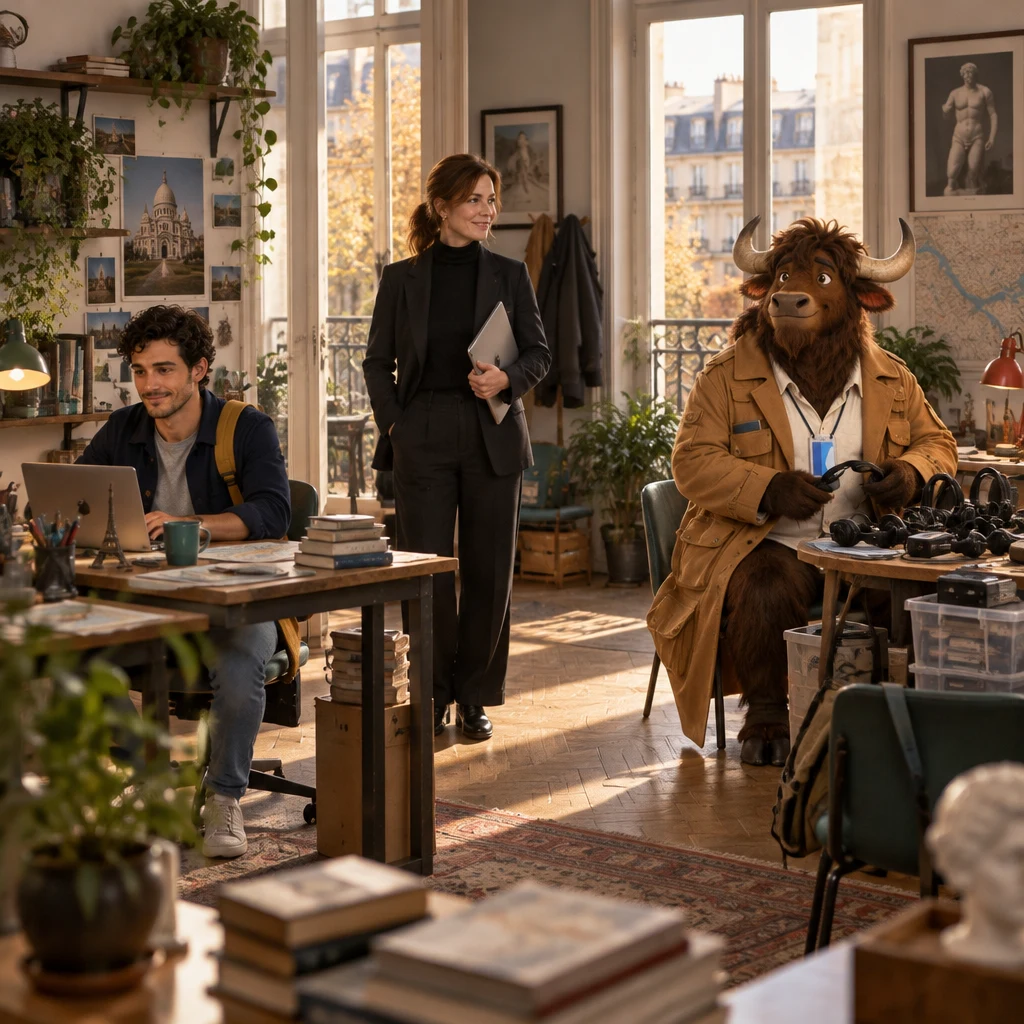 A wide view of the small office with Sam at a desk, Claire carrying a laptop under one arm, and Gaspard sitting across two chairs among headphones and museum-guide kits.