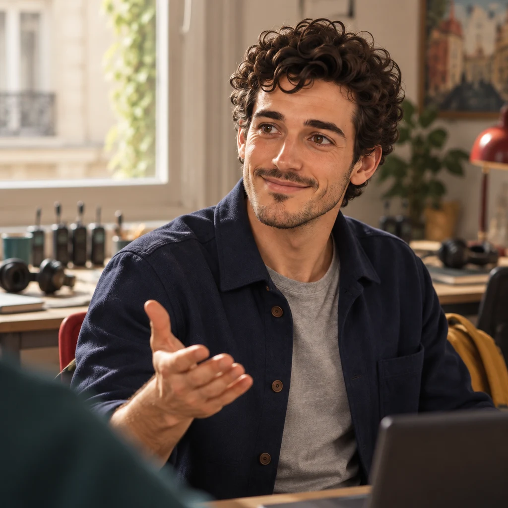 A close-up of Sam giving a short approving nod and an open-palm gesture toward the other desk.