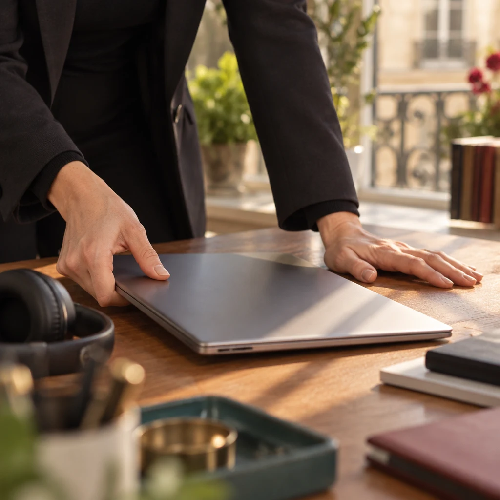 A close-up of Claire setting the laptop on a desk and flattening a hand as if the plan is settled.