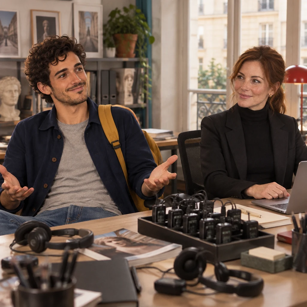 A medium two-shot of Sam leaning back with palms open while Claire watches from the next desk.