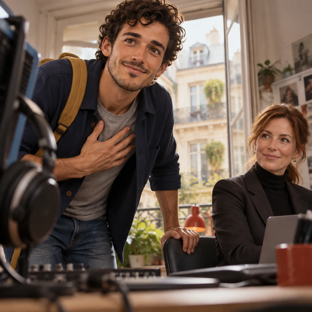 A low-angle shot of Sam leaning in with a hand to the chest in a firm promise, while Claire watches from the next desk.