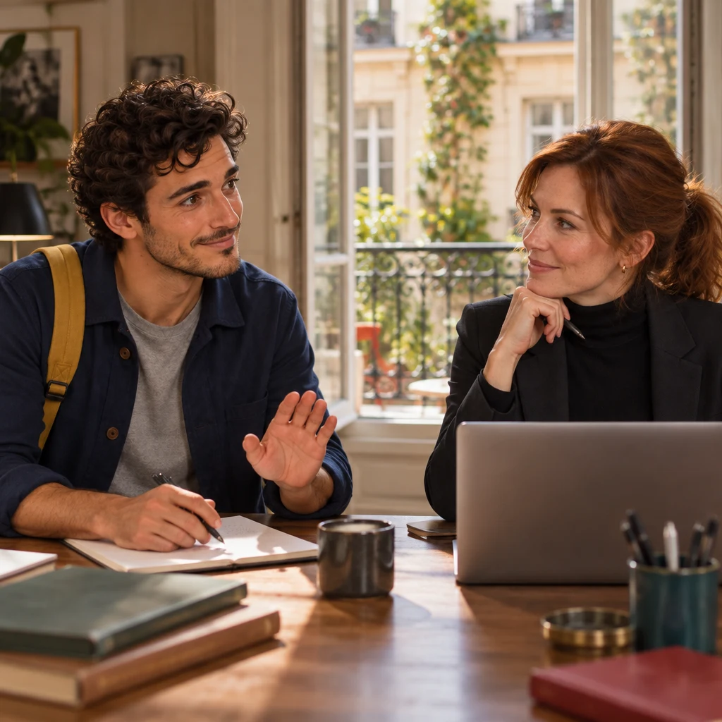 Sam sits across the desk with one palm raised in a careful half-agreement while Claire stays at the laptop.